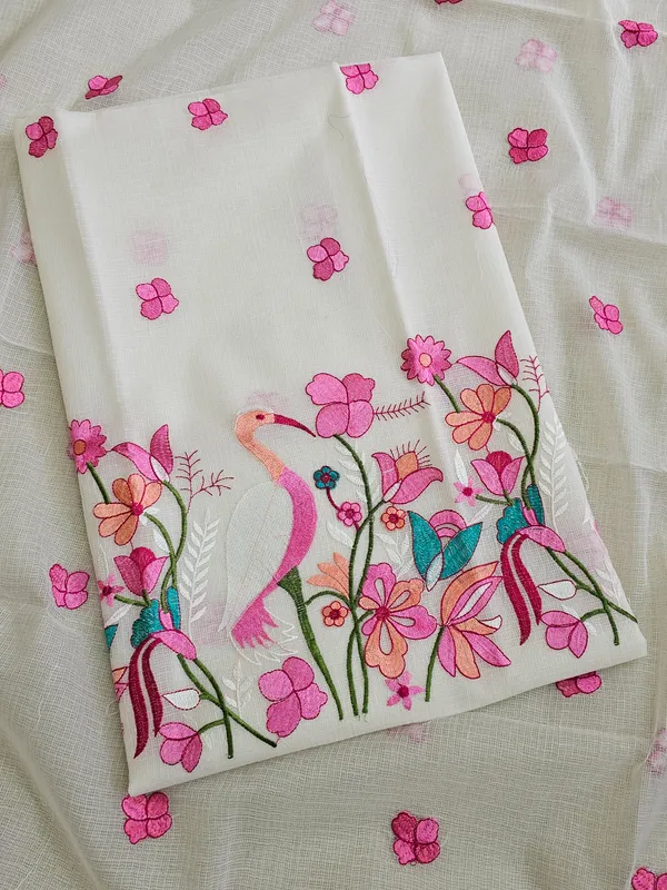 White_Kota_Doria_Embroidered_Suit_Set_with_Bottom_&_Dupatta_|_Floral_&_Bird_Embroidery_|_3_Piece_Unstitched_Dress_Material