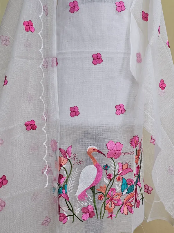 White_Kota_Doria_Embroidered_Suit_Set_with_Bottom_&_Dupatta_|_Floral_&_Bird_Embroidery_|_3_Piece_Unstitched_Dress_Material