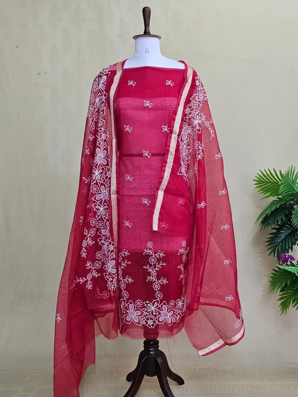Women’s_Pink_Kota_Doria_3_Piece_Suit_Set_|_Floral_Embroidered_Kurta,_Bottom_&_Dupatta_|_Elegant_Ethnic_Wear
