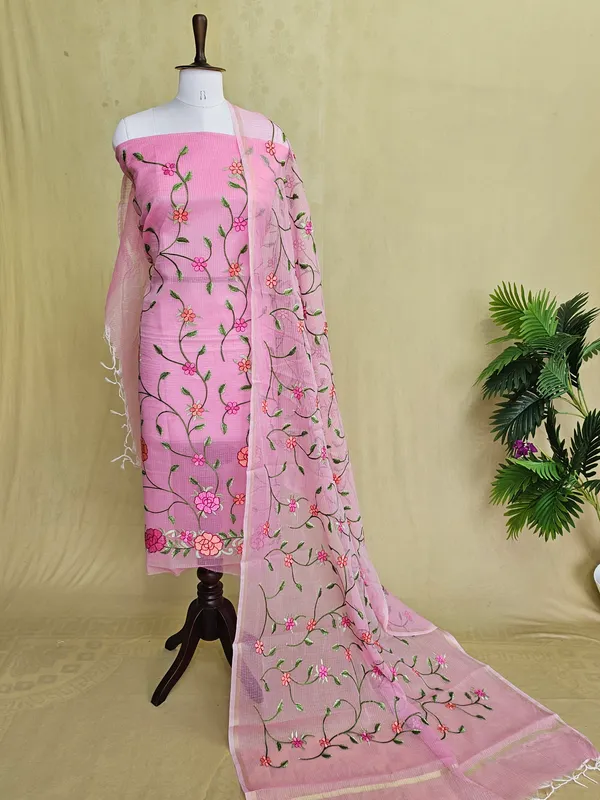 Women’s_Pink_Kota_Doria_3_Piece_Suit_Set_|_Floral_Embroidered_Kurta,_Bottom_&_Dupatta_|_Ethnic_Wear