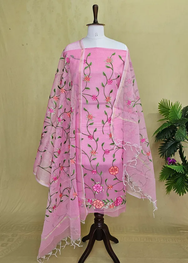 Women’s_Pink_Kota_Doria_3_Piece_Suit_Set_|_Floral_Embroidered_Kurta,_Bottom_&_Dupatta_|_Ethnic_Wear
