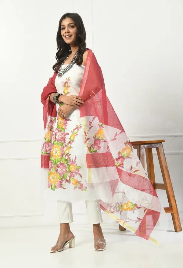 Kotadoria_White_And_Red_Cotton_Unstitched_Suit_Set_For_Women