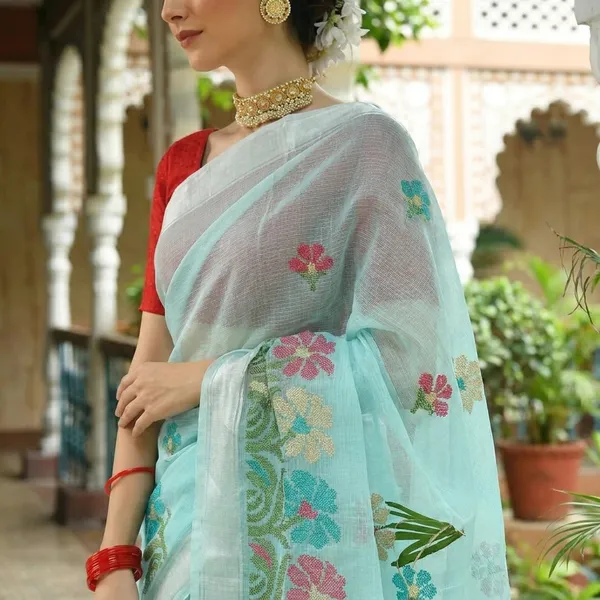 Kotadoria_Light_Blue_Kota_Doria_Pure_Cotton_Chikankari_Saree_For_Women