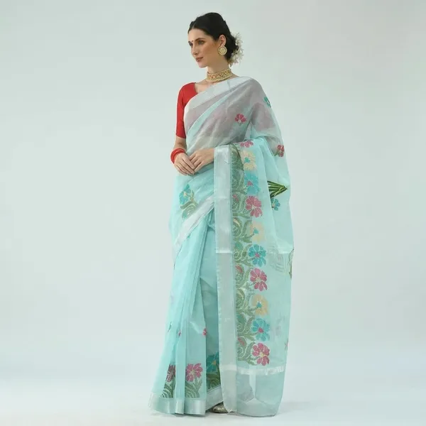 Kotadoria_Light_Blue_Kota_Doria_Pure_Cotton_Chikankari_Saree_For_Women