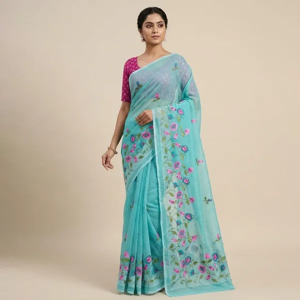 Kotadoria_Mint_Kota_Doria_Pure_Cotton_Chikankari_Saree_For_Women
