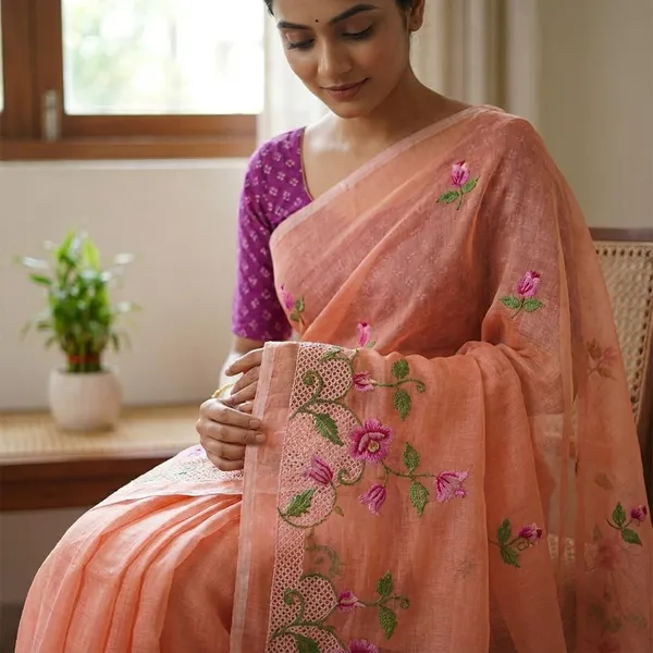 Kotadoria_Orange_Kota_Doria_Pure_Cotton_Chikankari_Saree_For_Women