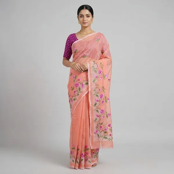 Kotadoria_Orange_Kota_Doria_Pure_Cotton_Chikankari_Saree_For_Women