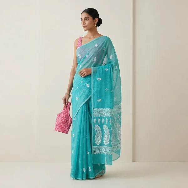 Kotadoria_Mint_Kota_Doria_Pure_Cotton_Chikankari_Saree_For_Women