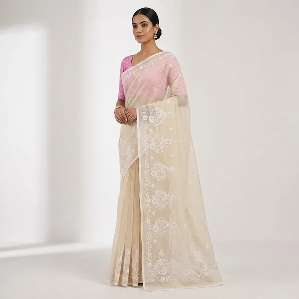Kotadoria_Cream_Kota_Doria_Pure_Cotton_Chikankari_Saree_For_Women