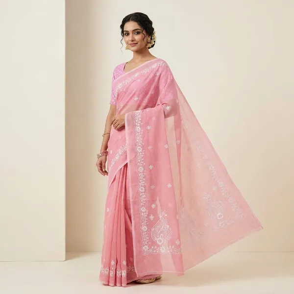 Kotadoria_Peach_Kota_Doria_Pure_Cotton_Chikankari_Saree_For_Women