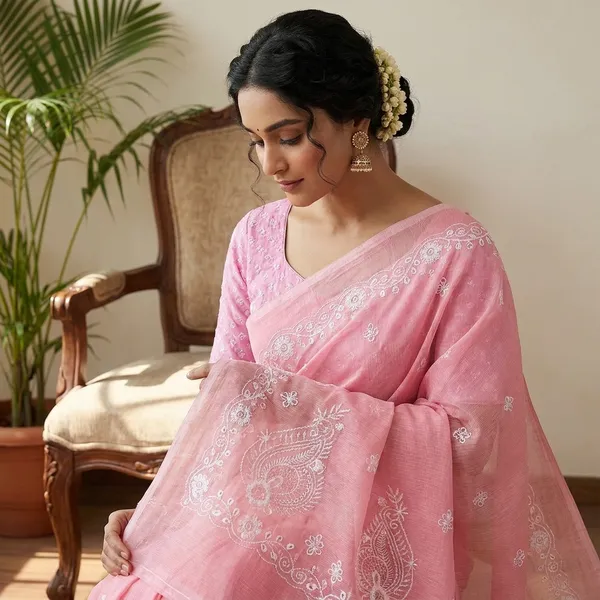 Kotadoria_Peach_Kota_Doria_Pure_Cotton_Chikankari_Saree_For_Women