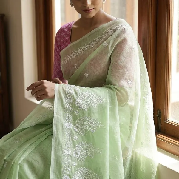Kotadoria_Green_Kota_Doria_Pure_Cotton_Chikankari_Saree_For_Women