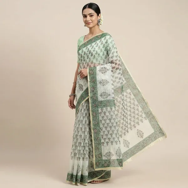 Kotadoria_Green_Kota_Doria_Kota_Doria_Hand_Block_Print_Saree_For_Women