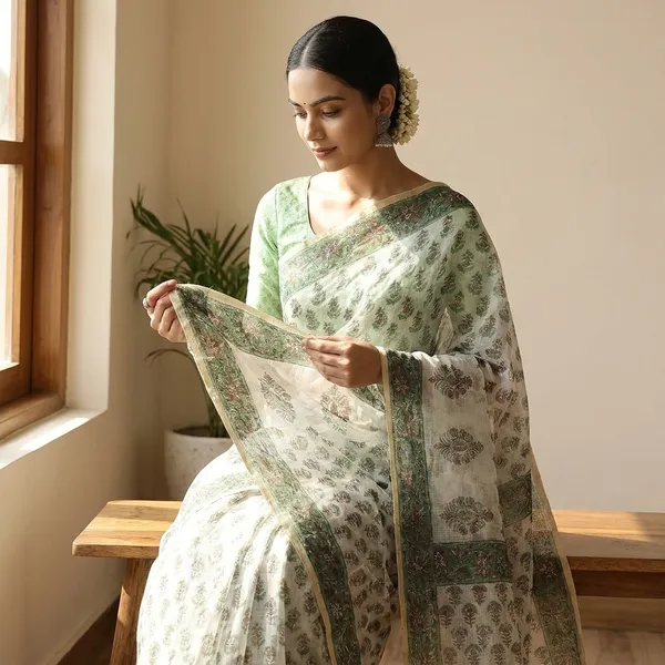 Kotadoria_Green_Kota_Doria_Kota_Doria_Hand_Block_Print_Saree_For_Women