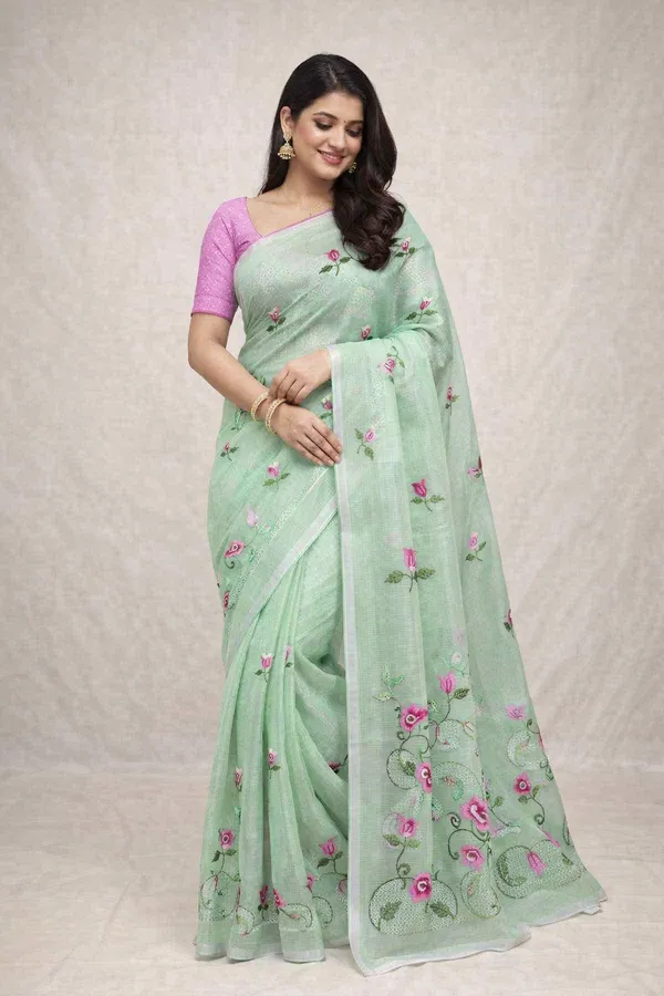Kotadoria_Green_Kota_Doria_Pure_Cotton_Chikankari_Saree_For_Women