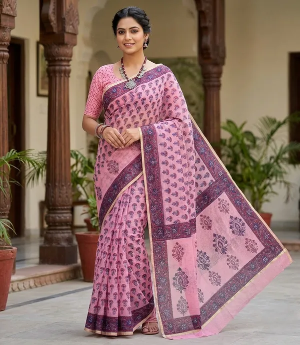 Kotadoria_Peach_Kota_Doria_Kota_Doria_Hand_Block_Print_Saree_For_Women