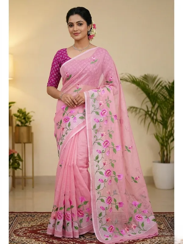 Kotadoria_Peach_Kota_Doria_Pure_Cotton_Chikankari_Saree_For_Women