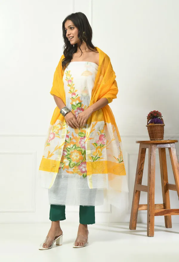 Kotadoria_White_And_Yellow_Cotton_Unstitched_Suit_Set_For_Women