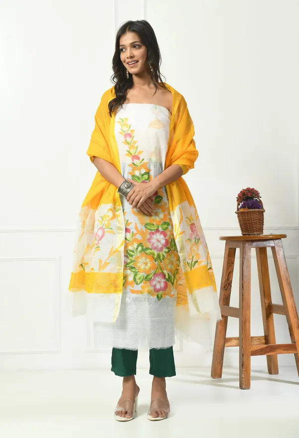 Kotadoria_White_And_Yellow_Cotton_Unstitched_Suit_Set_For_Women
