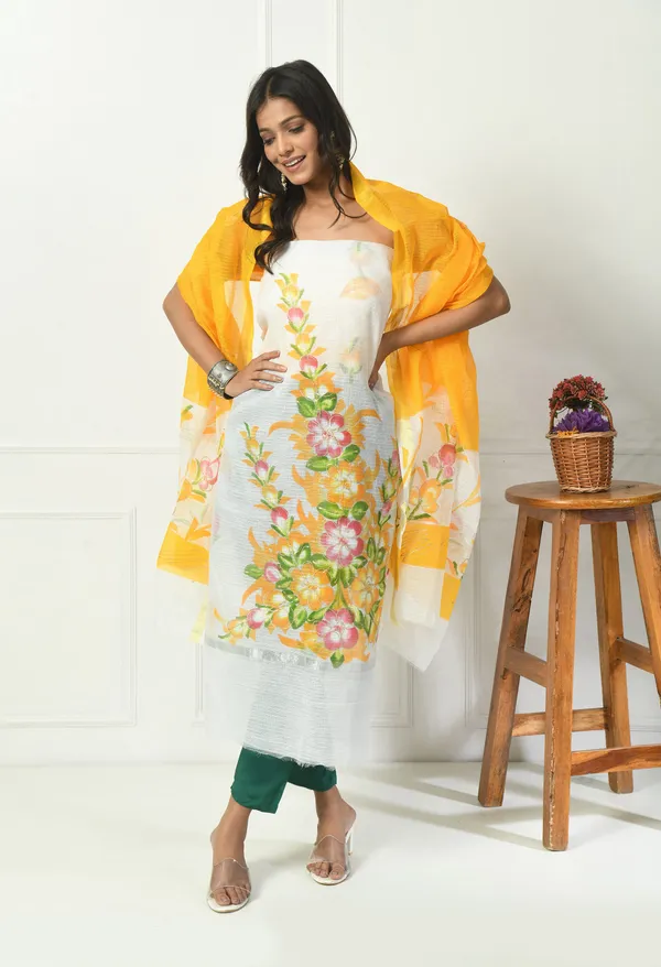 Kotadoria_White_And_Yellow_Cotton_Unstitched_Suit_Set_For_Women