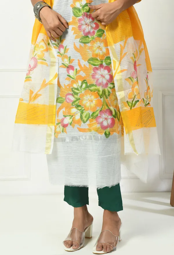 Kotadoria_White_And_Yellow_Cotton_Unstitched_Suit_Set_For_Women