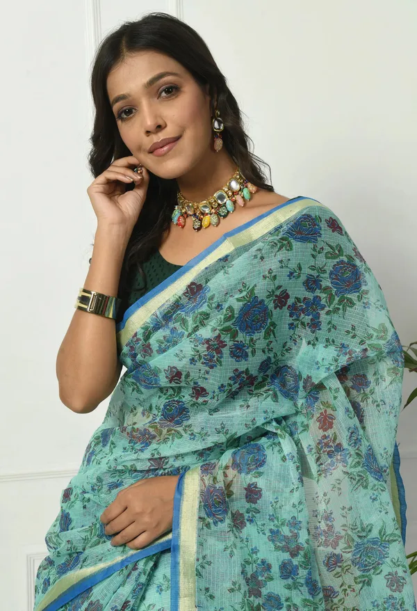 Kotadoria_Turquoise_Firozi_Cotton_Saree_For_Women