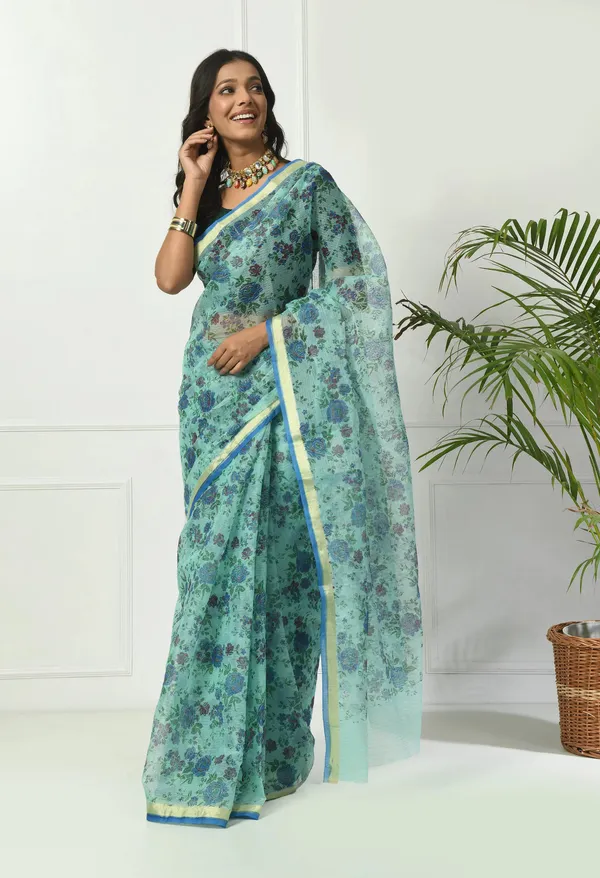 Kotadoria_Turquoise_Firozi_Cotton_Saree_For_Women