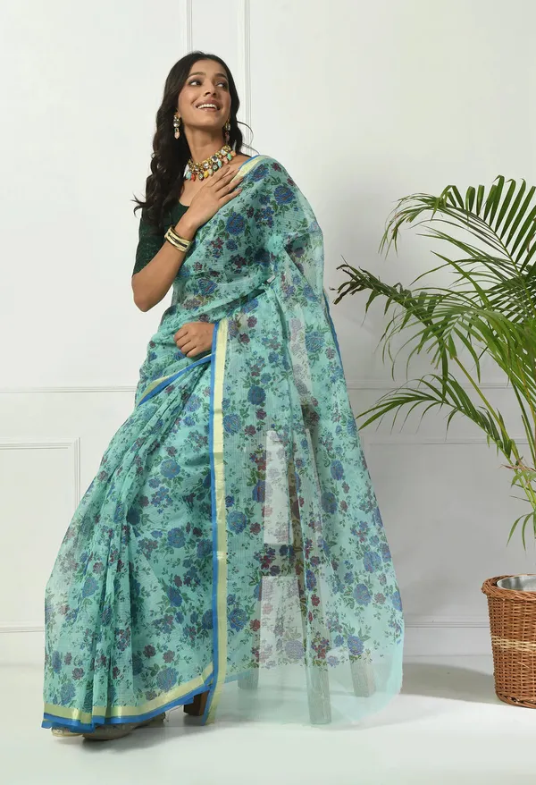 Kotadoria_Turquoise_Firozi_Cotton_Saree_For_Women