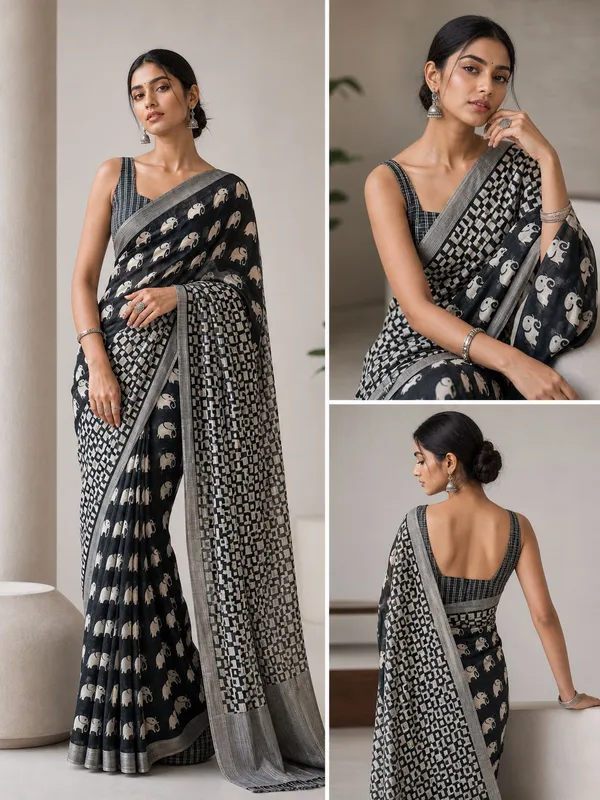 Black_And_Grey_Linen_Elephant_Print_Saree_With_a_Blouse_Piece_For_Women