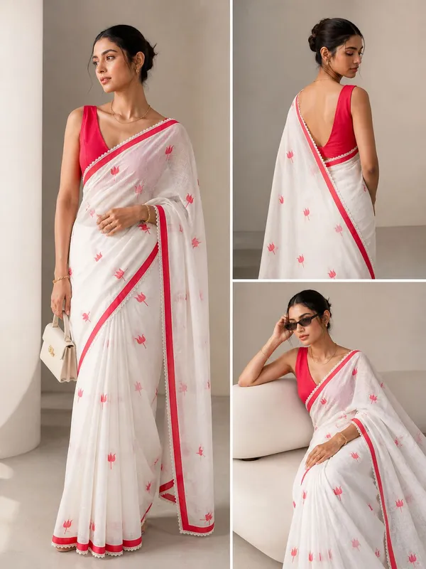 White_And_Red_Linen_Floral_Saree_With_a_Blouse_Piece_For_Women