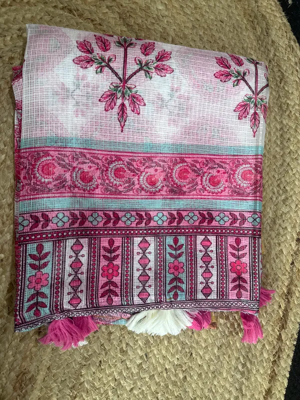 Pink_And_White_Soft_Linen_Floral_Print_Saree_With_a_blouse_piece__For_Women