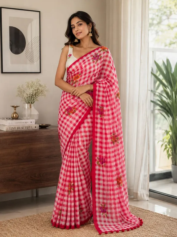 Pink_And_White_Linen__Check_Floral_Saree_With_a_Blouse_Piece_For_Women
