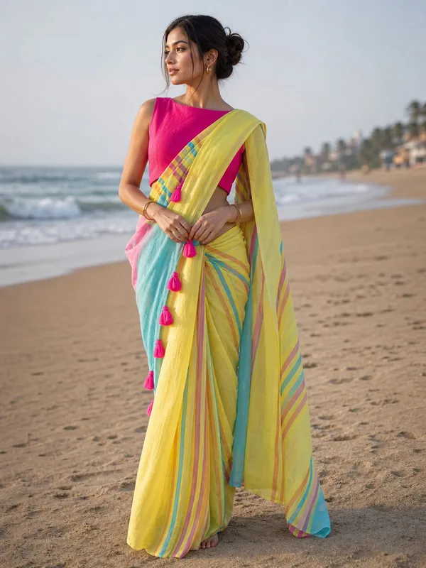 Yellow_Linen_Striped_Border_Saree_With_a_Blouse_Piece_For_Women