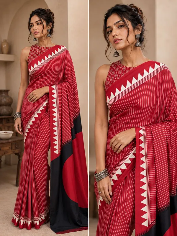 Red_Modal_Silk_Striped_Saree_With_Zigzag_Border_with_a_blouse_piece__For_Women