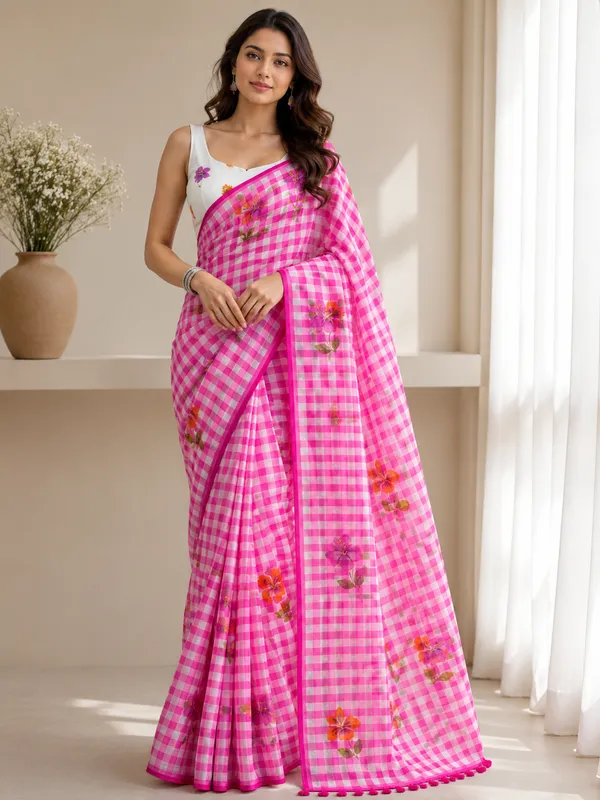 Pink_Linen_Checkered_Floral_Saree_With_a_Blouse_Piece_For_Women