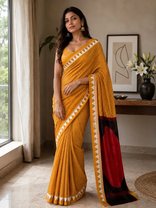 Mustard_Yellow_Modal_Silk_Striped_Temple_Border_Saree__with_a_blouse_piece_For_Women