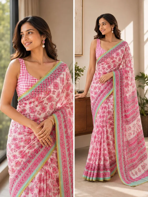 Pink_And_White_Soft_Linen_Floral_Print_Saree_With_a_blouse_piece__For_Women