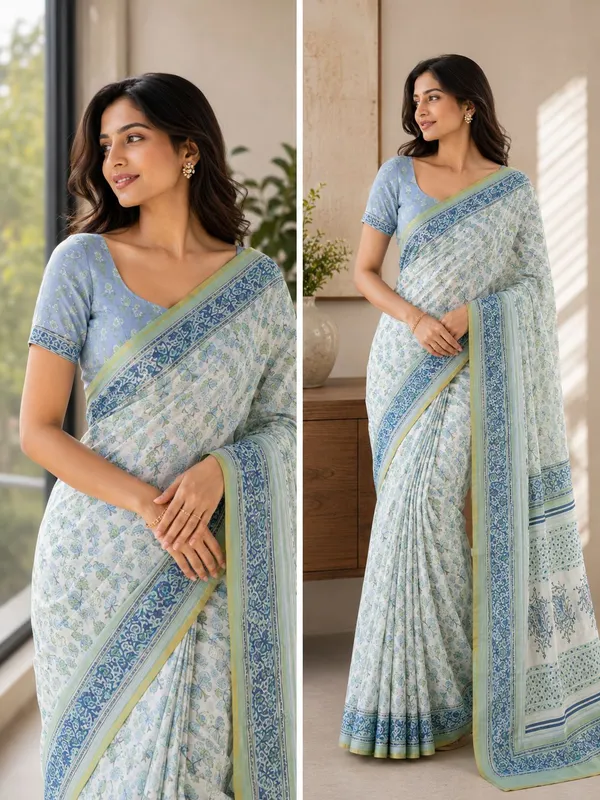 Blue_And_White_Soft_Linen_Floral_Printed_Saree_with_a_blouse_piece_For_Women