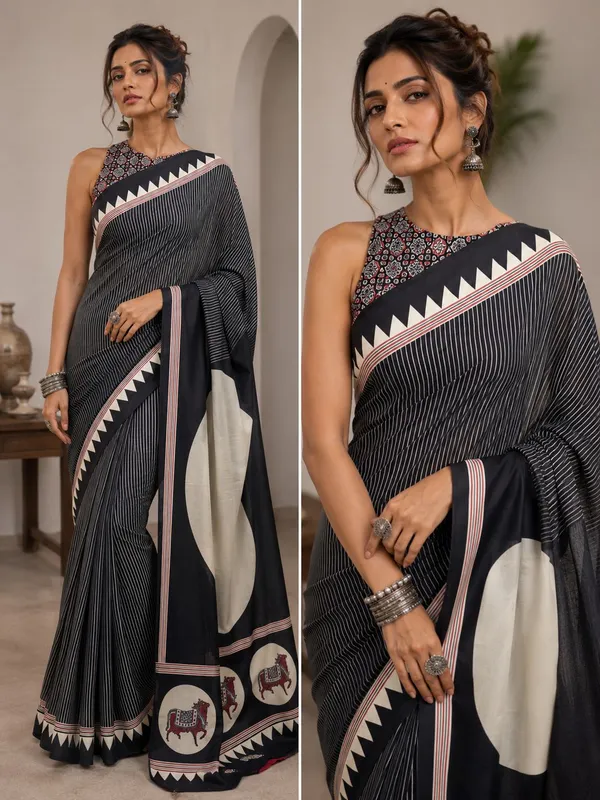 Black_Modal_Silk_Striped_Tribal_Border_Saree__With_a_Blouse_Piece_For_Women