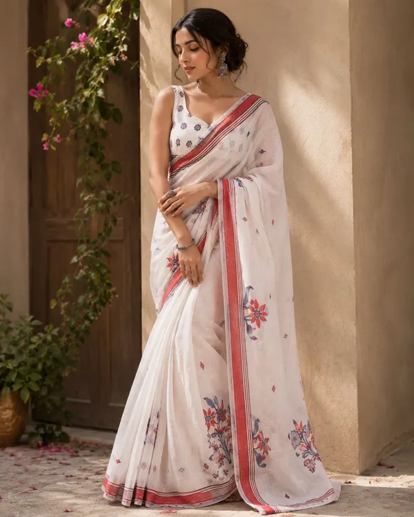 White_And_Red_Linen_Floral_Saree_With_a_Blouse_Piece_For_Women