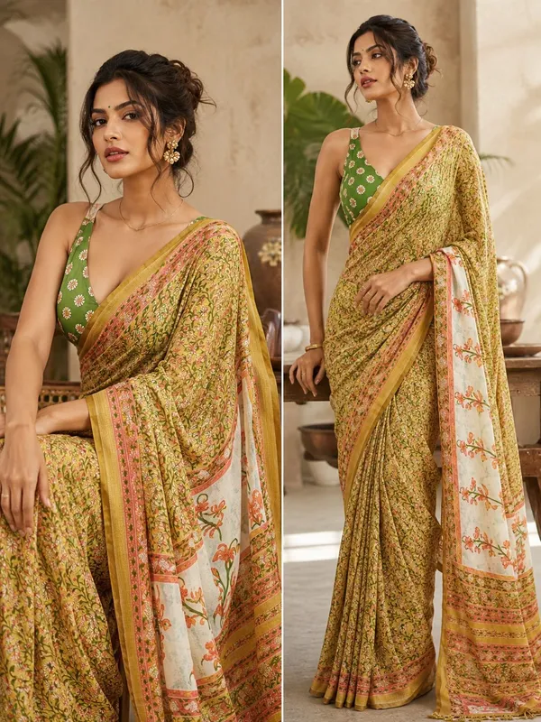 Gold_Soft_Linen_Floral_Border_Saree_With_a_Blouse_piece_For_Women