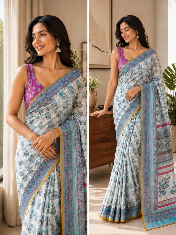 Blue_And_White_Soft_Linen_Floral_Print_Saree_with_a_blouse_piece_For_Women