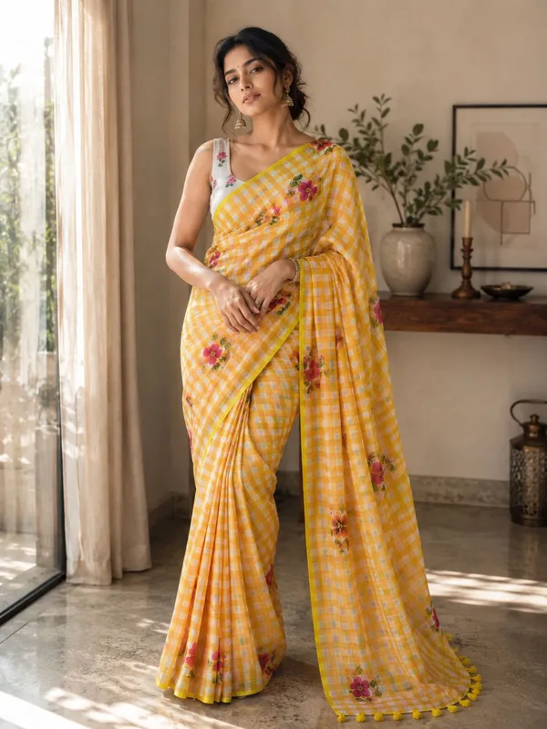 Yellow_And_White_Linen_Checkered_Floral_Saree__with_a_floral_blouse_piece_For_Women