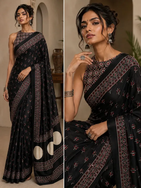 Black_Modal_Silk_Floral_Saree_With_a_Blouse_Piece_For_Women