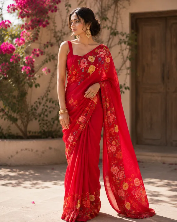 Red_Linen_Floral_Saree_With_a_Blouse__piece_For_Women