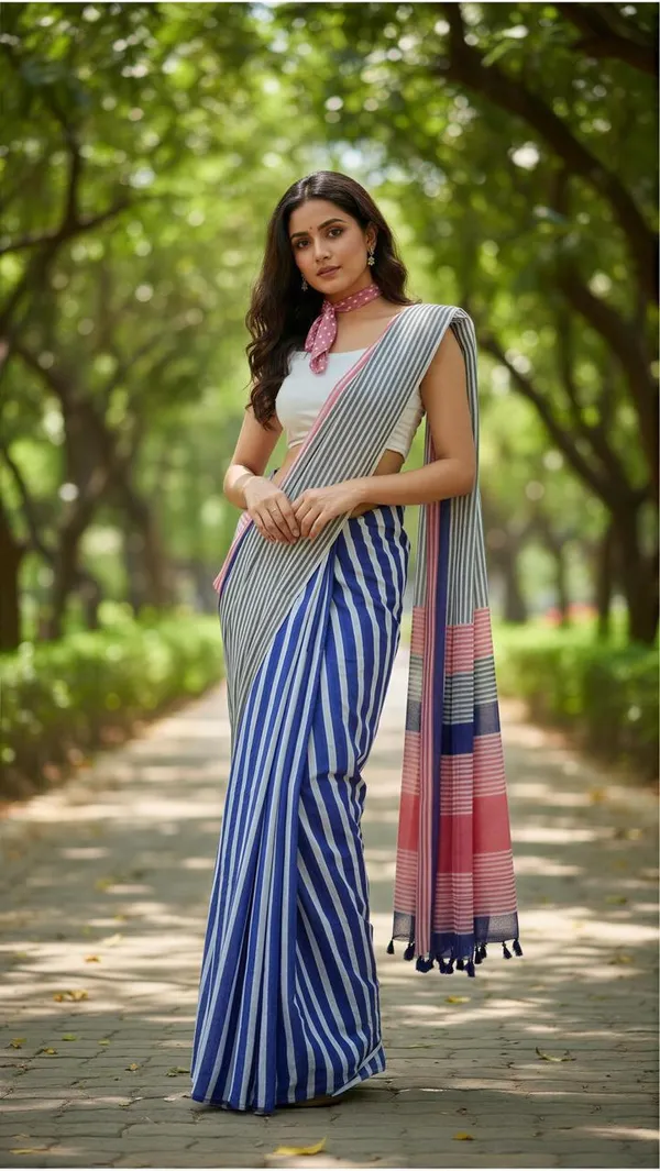 Blue_And_White_Linen_Striped_Saree_With_a_Blouse_Piece_For_Women