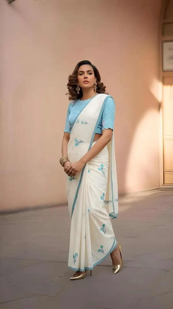 White_And_Sky_Blue_Linen_Bird_Saree_With_a_Blouse__piece_For_Women