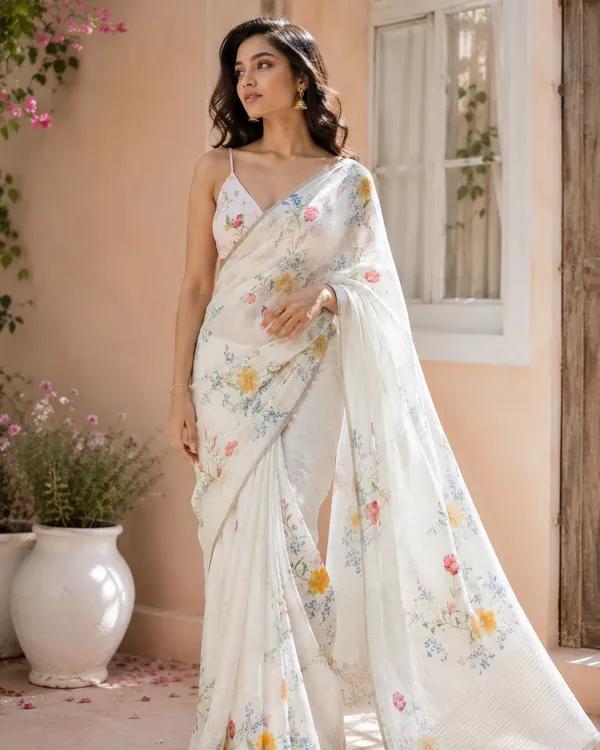 White_Linen_Floral_Saree_With_Blouse_piece_For_Women