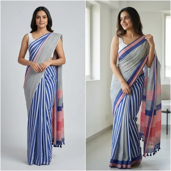 Blue_And_White_Linen_Striped_Saree_With_a_Blouse_Piece_For_Women
