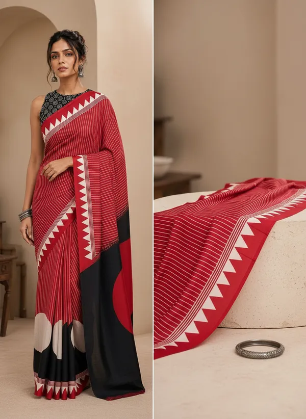 Red_Modal_Silk_Striped_Saree_With_Zigzag_Border_with_a_blouse_piece__For_Women